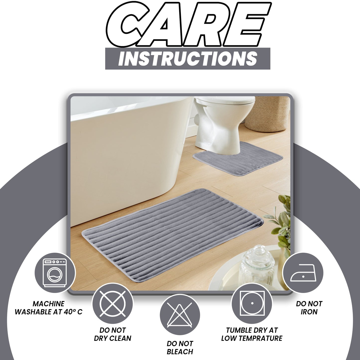 Violet Quinn 2 Piece Ribbed Bath Mat Set in Charcoal Extra Soft Non Slip Super Absorbent Bathroom & Toilet Mats Easy Care Rug by OLIVIA ROCCO