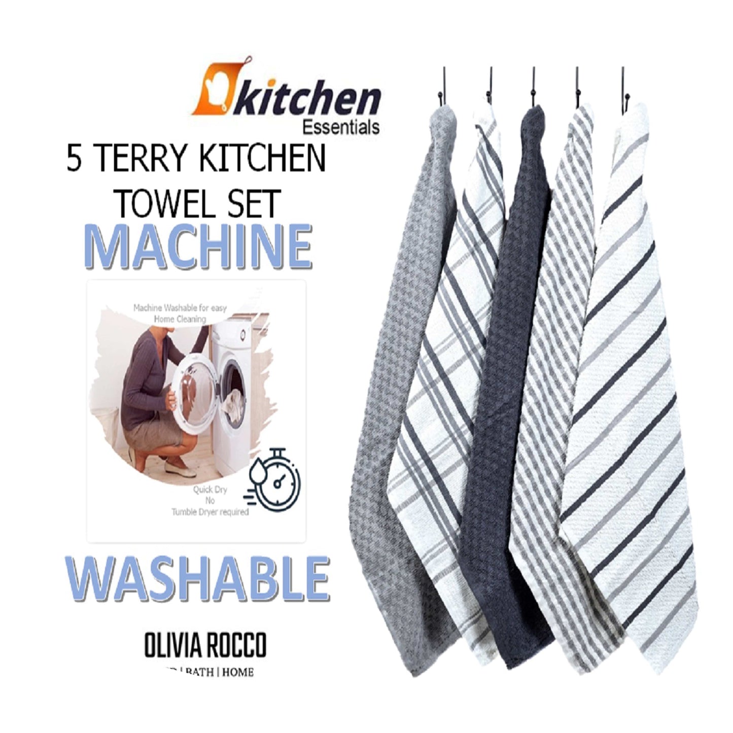 Violet Quinn 5-Pack Super Absorbent Terry Kitchen Tea Towels — 45 x 65cm