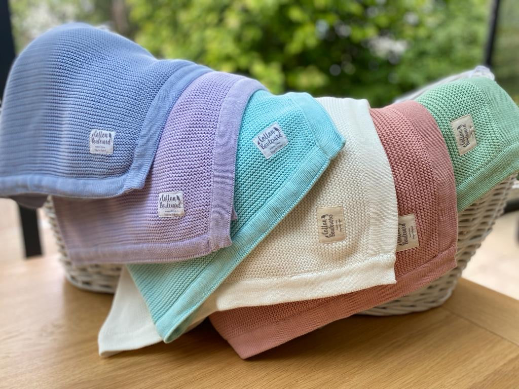 Violet Quinn Misty Blue Organic Cotton Knitted Baby Blanket – 100 x 80cm