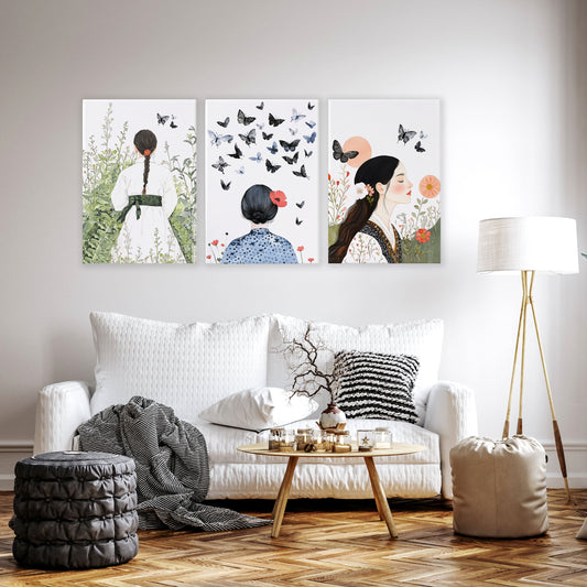 Canvas Pictures For Living Room | Set of 3 Boho Women Wall art Prints